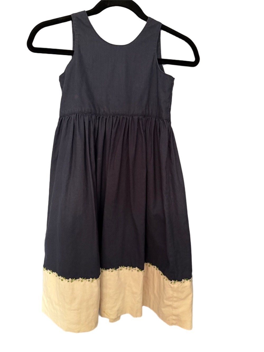 Hartstrings Girls Navy & Cream Linen Blend Dress Size 7 Sleeveless Back Tie